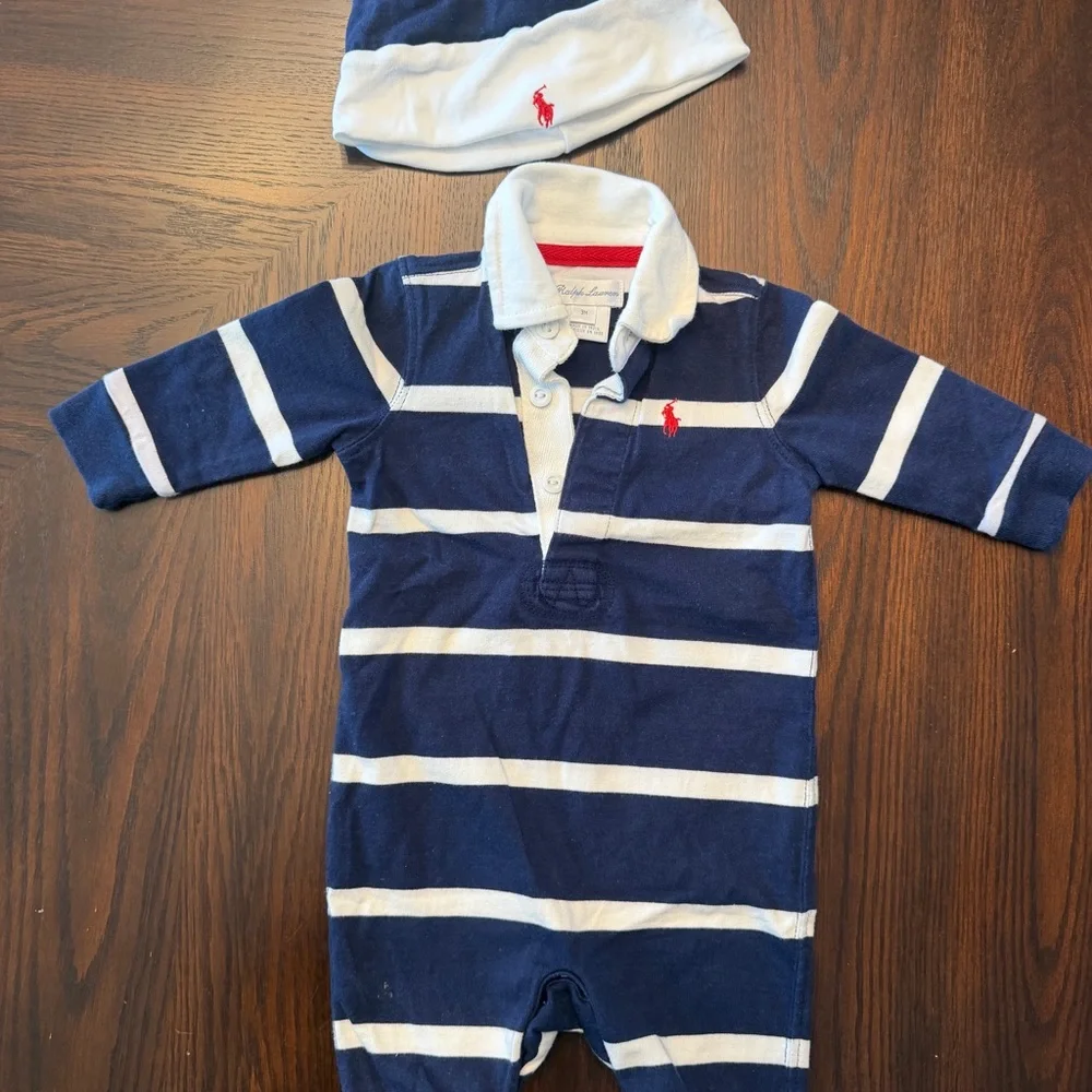 Ralph Lauren Baby Polo Rugby Striped Romper Hat Set 3M Navy White Cotton